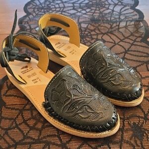 Black Leather Sandals with Intricate Design